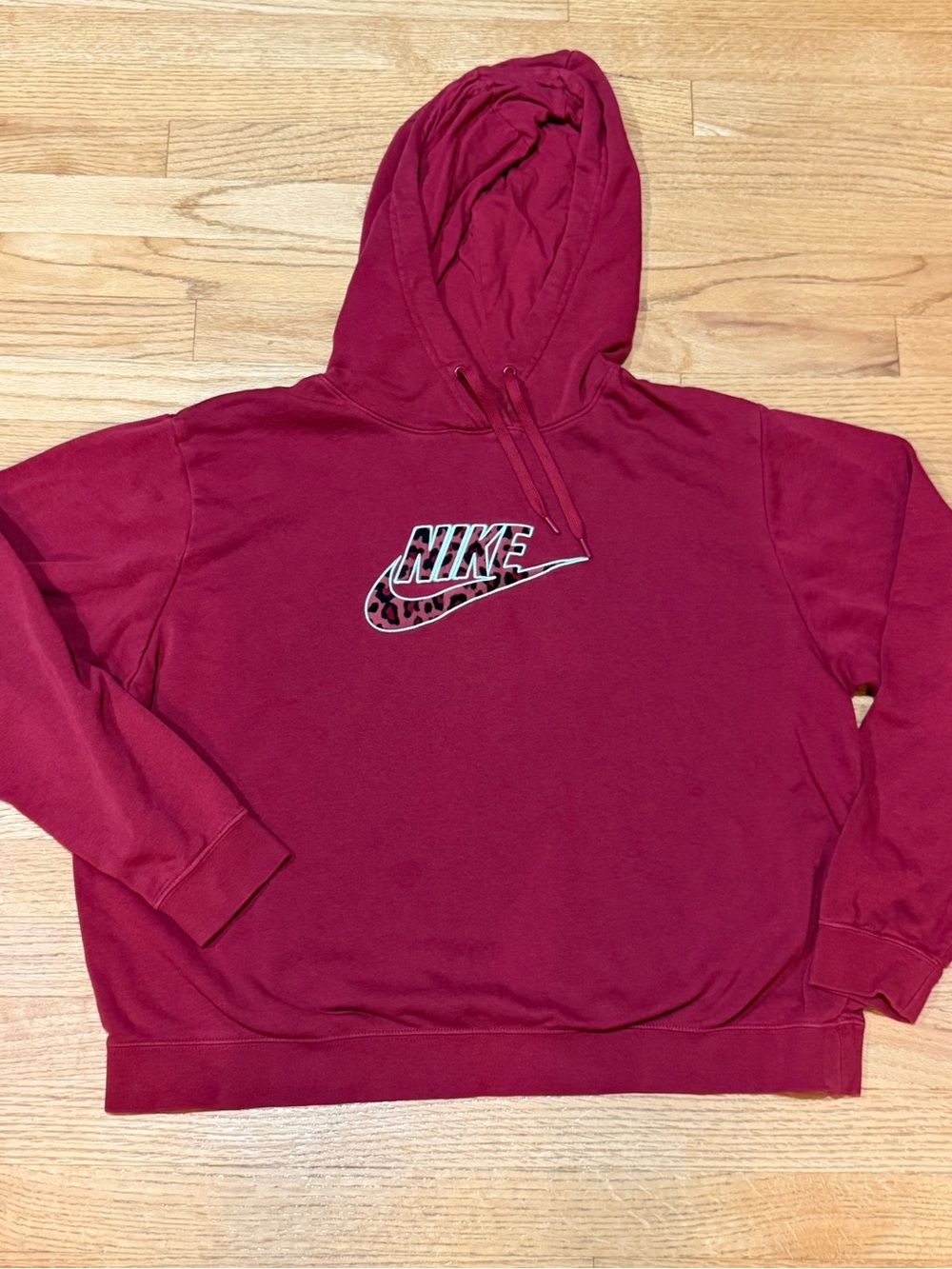 Nike Women’s Maroon Crewneck Hoodie with Leopard Swoosh